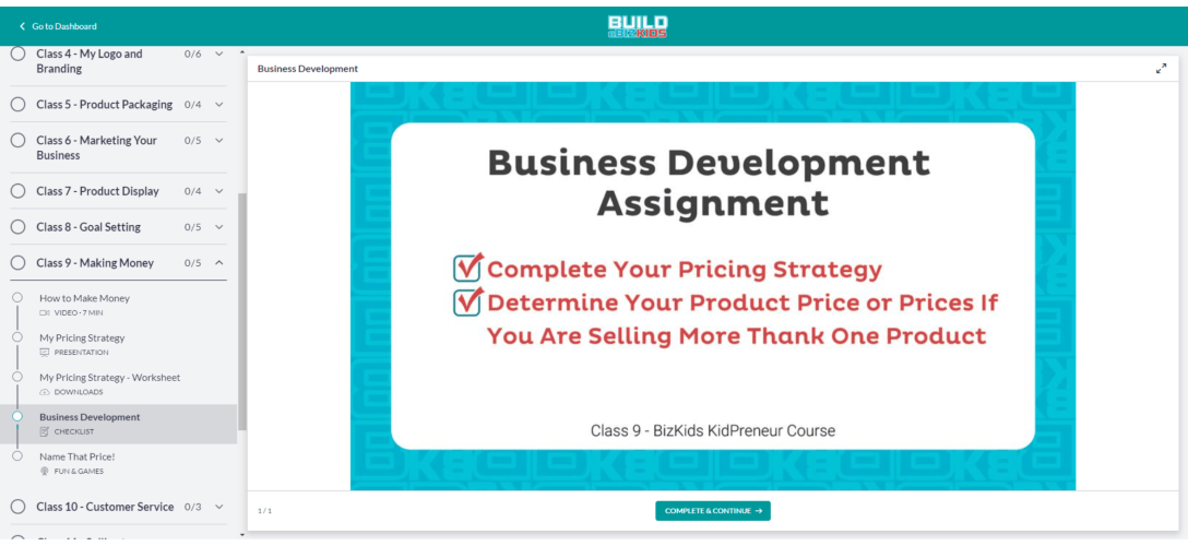 Business Development Checklists at the End of Each Class